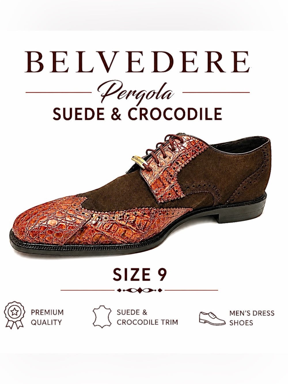 Belvedere Pergola Men’s Dress Shoes – Brown Exotic Suede & Crocodile Trim Size 9